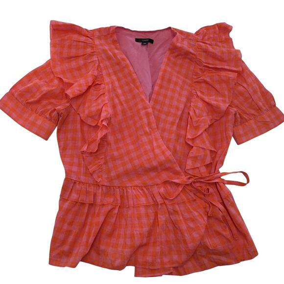J.Crew Shirt Womens XS Pink Orange Gingham Wrap Ruffle Tie Waist Peplum AW940 - Picture 2 of 10